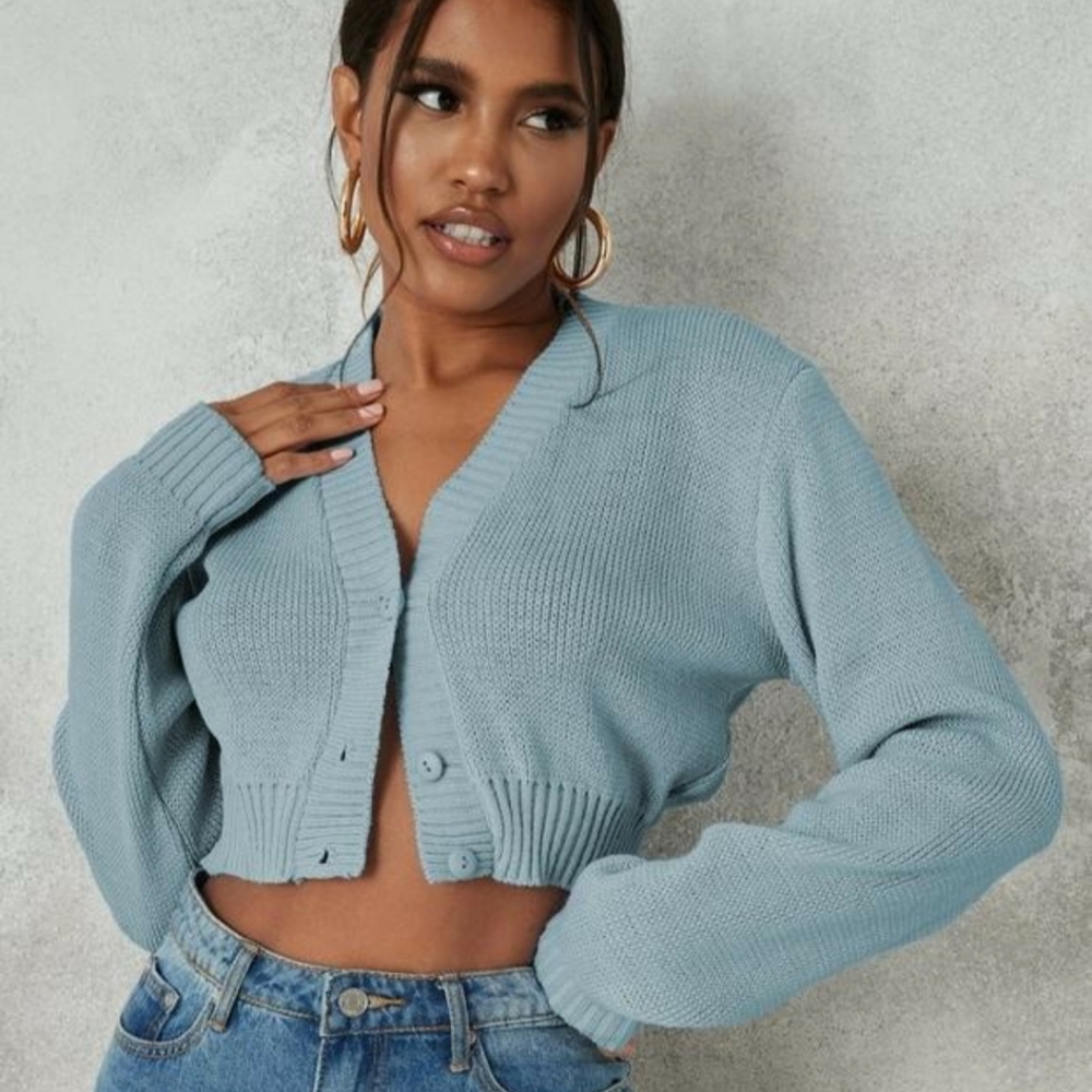 Teal basic cropped knit cardigan